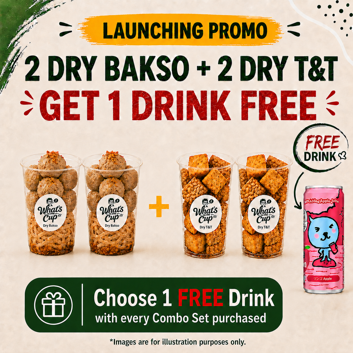 [LAUNCHING PROMO]  Set C - BUY 2 Dry Bakso + 2 Dry T&T GET 1 Qoo Drink FREE*