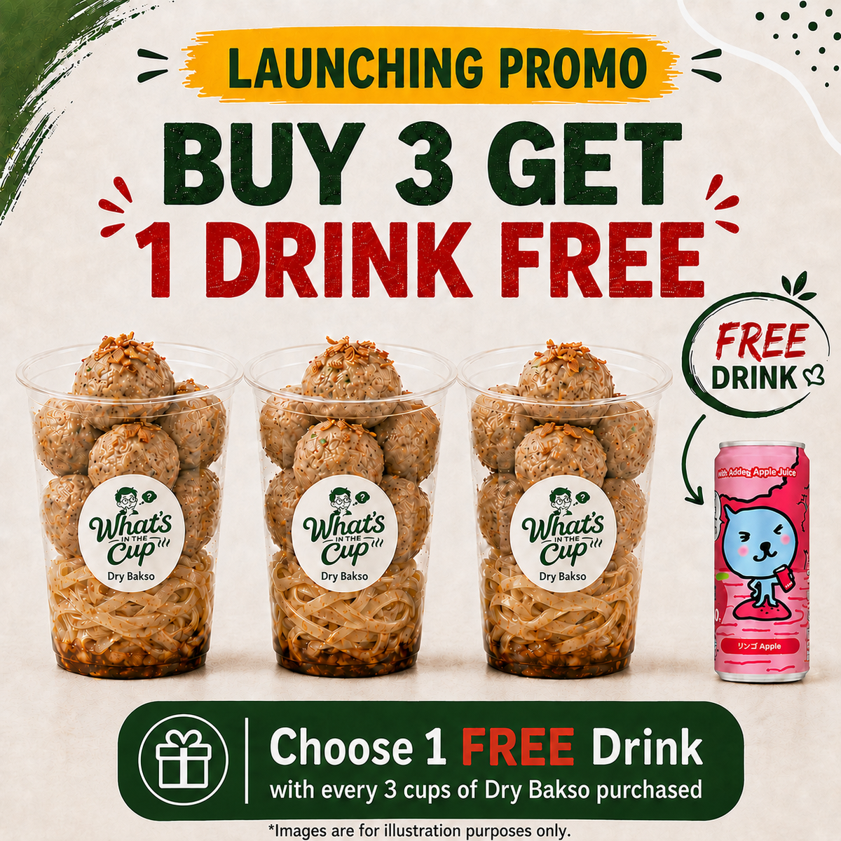 [LAUNCHING PROMO]  Set A - BUY 3 Dry Bakso GET 1 Qoo Drink FREE*